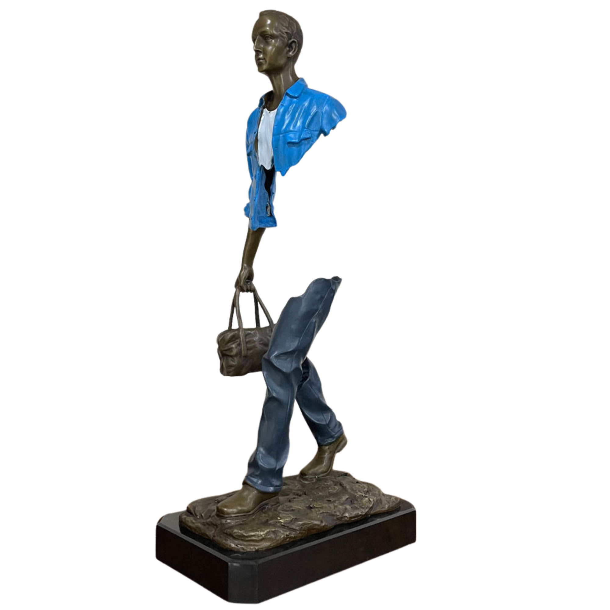 Side view of the 24.8 inch fragmented bronze traveler statue in deep navy blue.