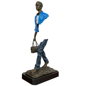 Side view of the 24.8 inch fragmented bronze traveler statue in deep navy blue.