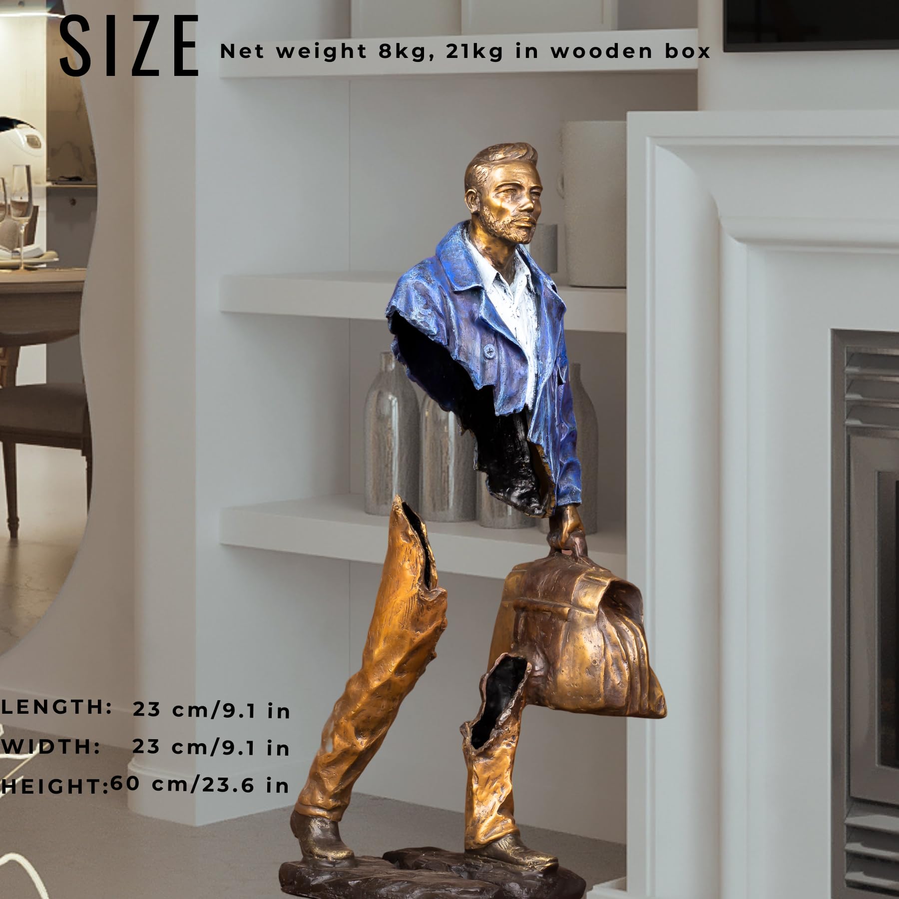 Side view of fragmented traveler bronze sculpture showing the artistic hollow torso.