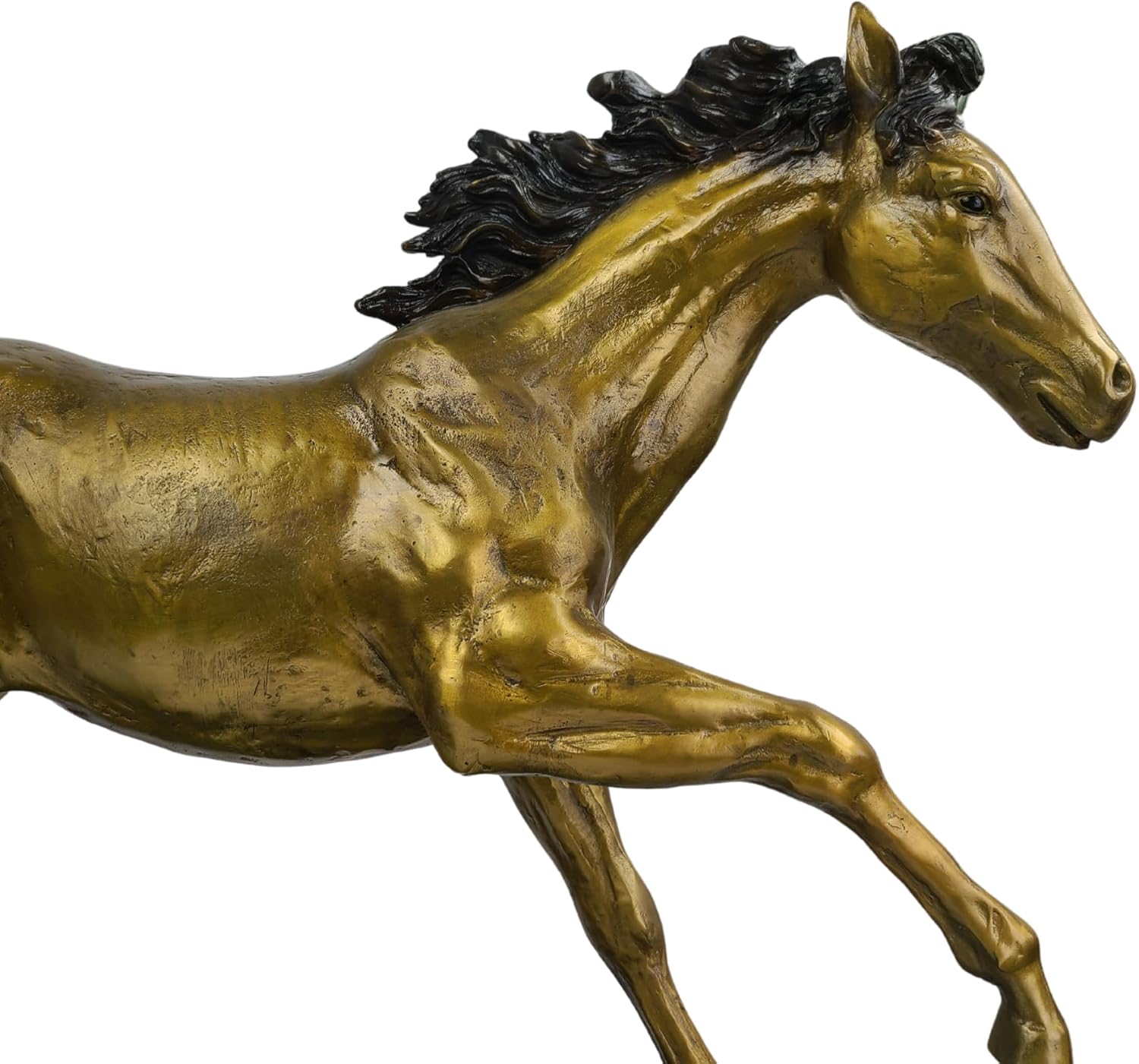Close-up detail of golden bronze galloping horse sculpture head showing black mane and facial features