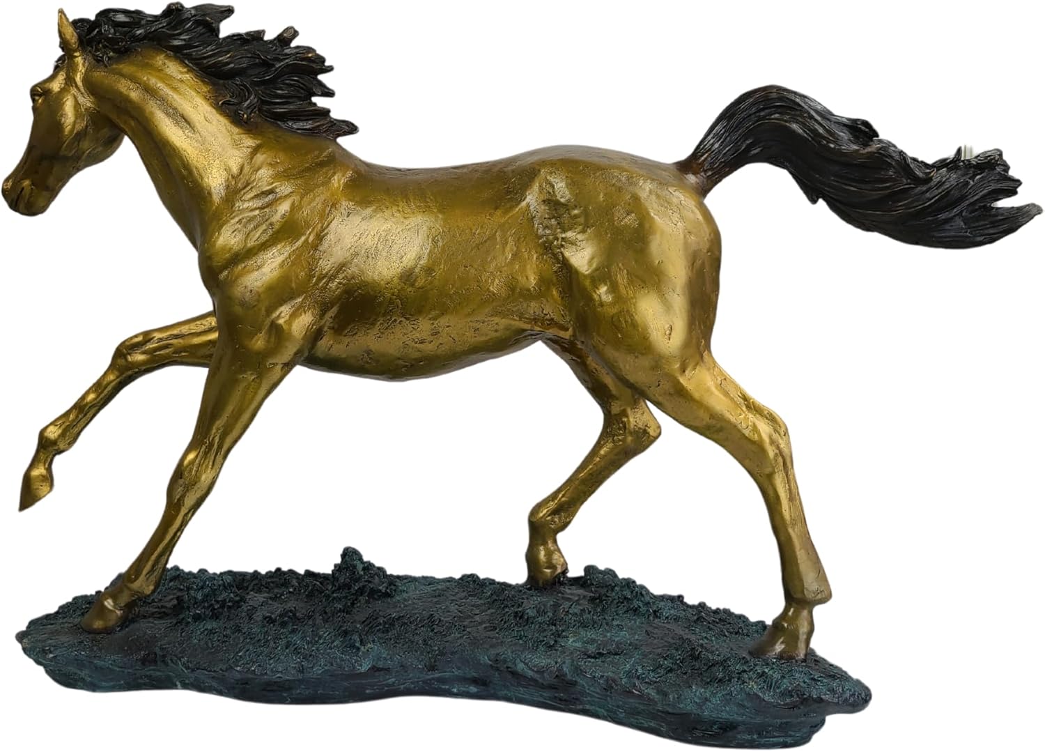 Golden bronze galloping horse sculpture back angle view on white background showing tail and mane detail