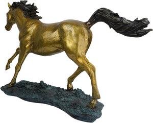 Golden bronze galloping horse sculpture front view on white background showing legs in motion on textured base