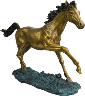 Golden bronze galloping horse sculpture side view on white background showing dynamic running pose