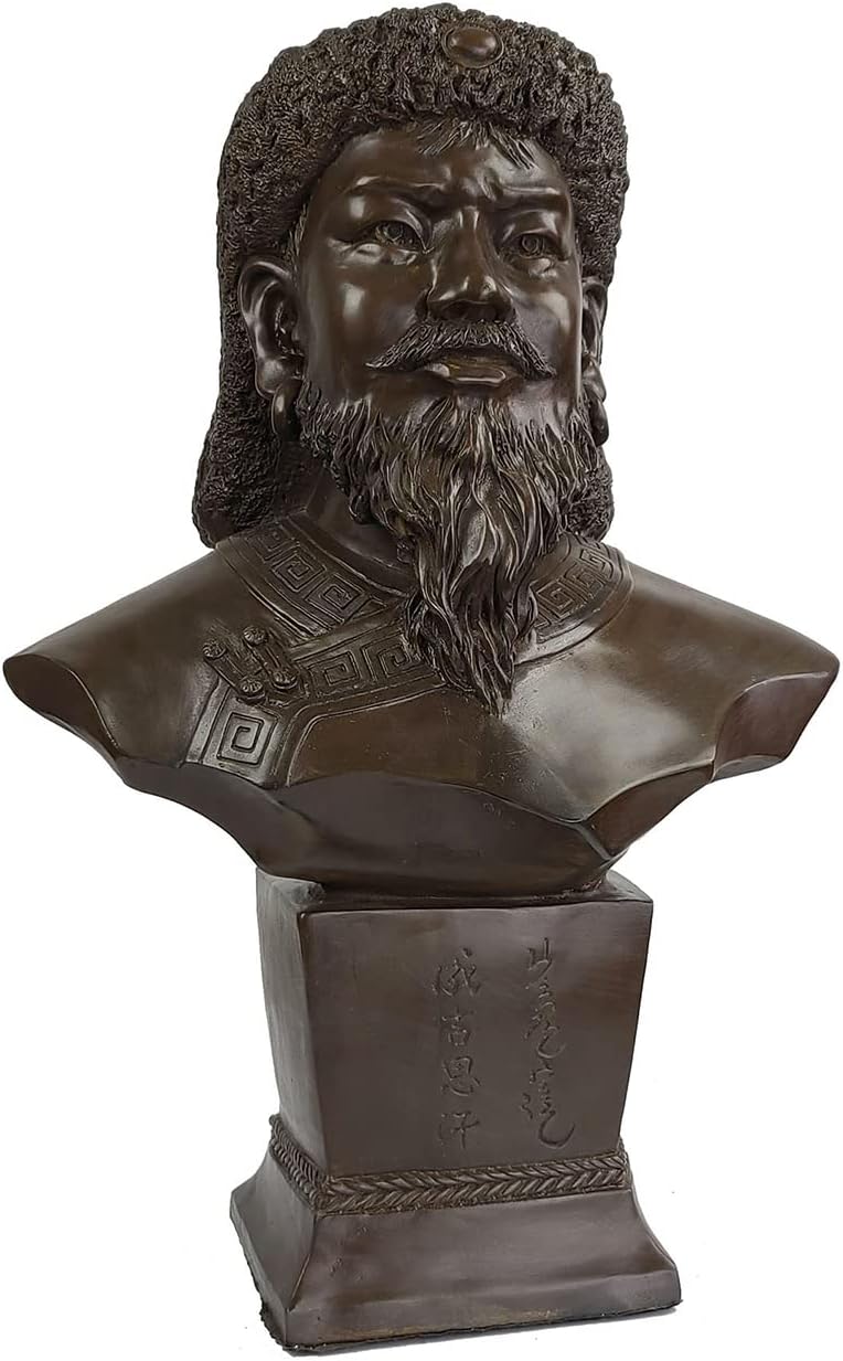 18.1-inch bronze Genghis Khan bust statue Great Khan of the Mongol Empire, front view on white background
