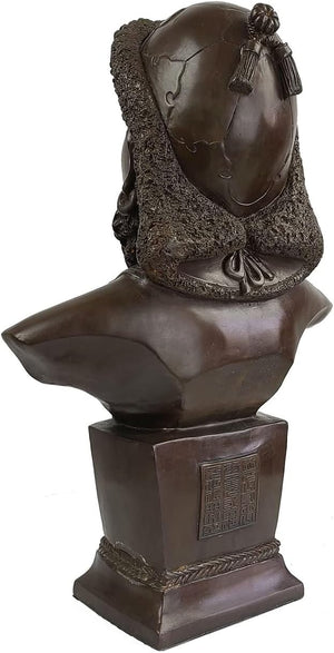 Back angle view of bronze Genghis Khan bust statue showing headdress and hair texture detail