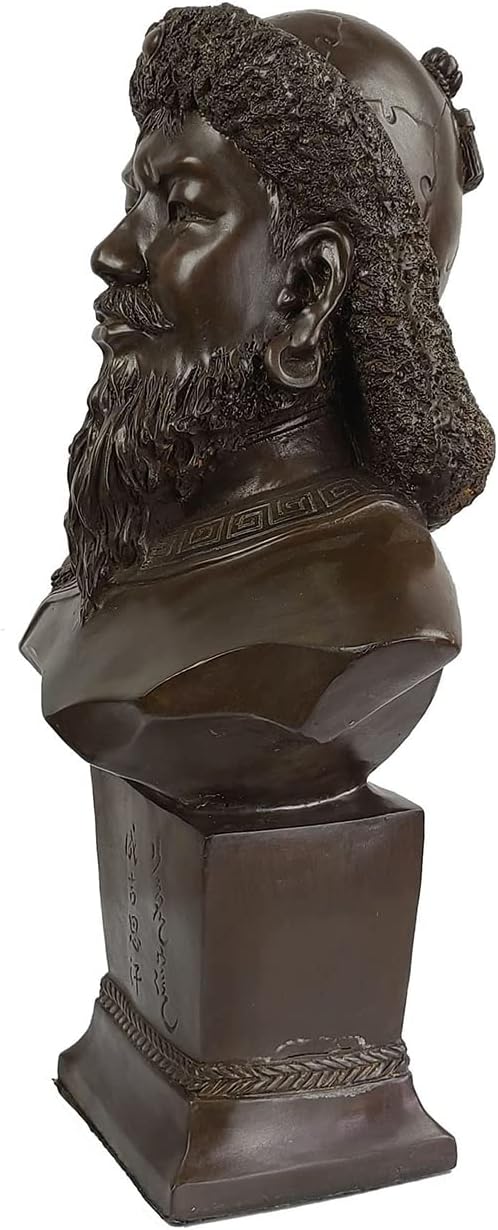 Front angle view of bronze Genghis Khan bust statue showing detailed facial features and beard texture