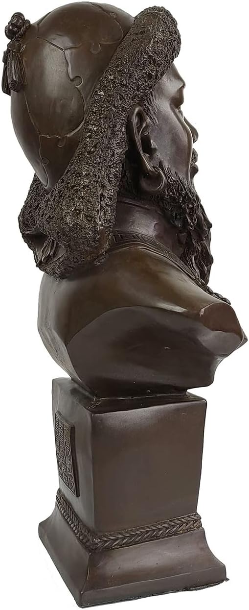 Close-up angle of bronze Genghis Khan bust statue showing shoulder armor and inscription detail