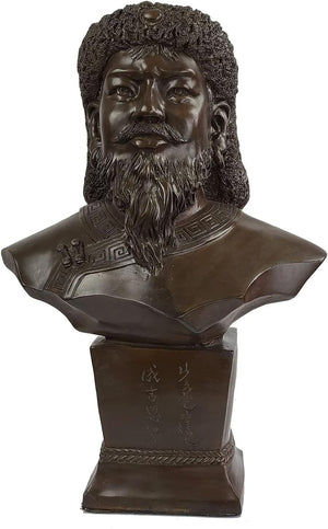 Side view of bronze Genghis Khan bust statue showing detailed armor and headdress sculpture