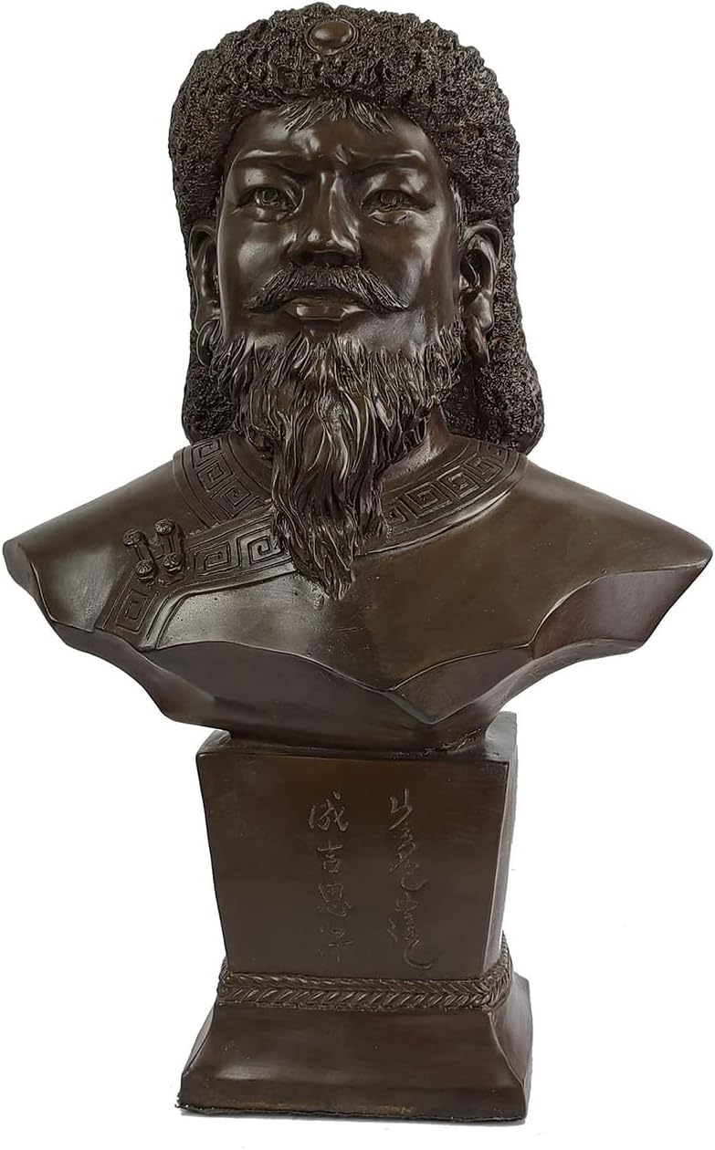 Side view of bronze Genghis Khan bust statue showing detailed armor and headdress sculpture