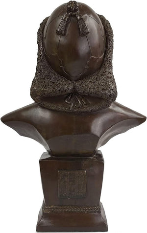 Top view of bronze Genghis Khan bust statue showing headdress crown detail from above