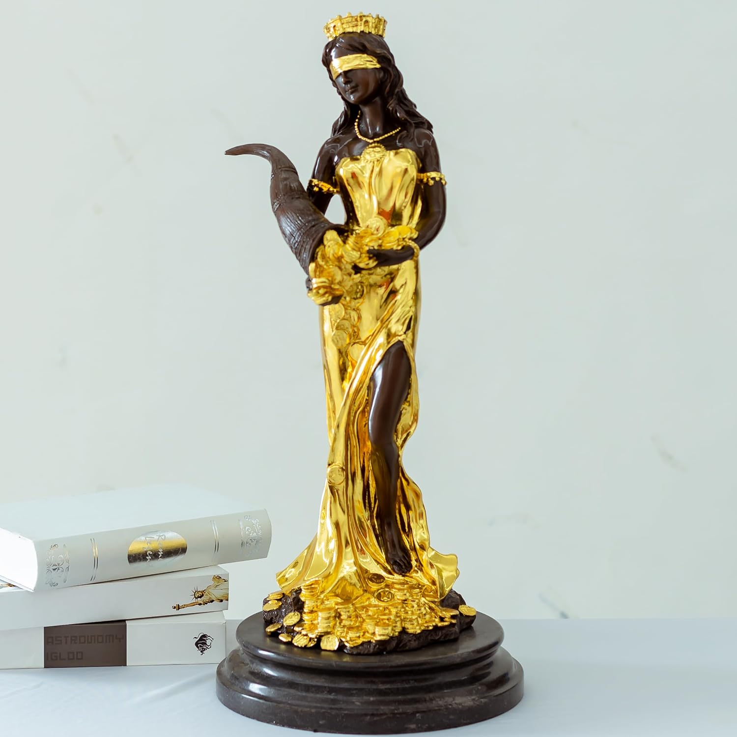 25.2 inch gilded bronze Goddess of Wealth Fortuna gold leaf finish full view black marble base