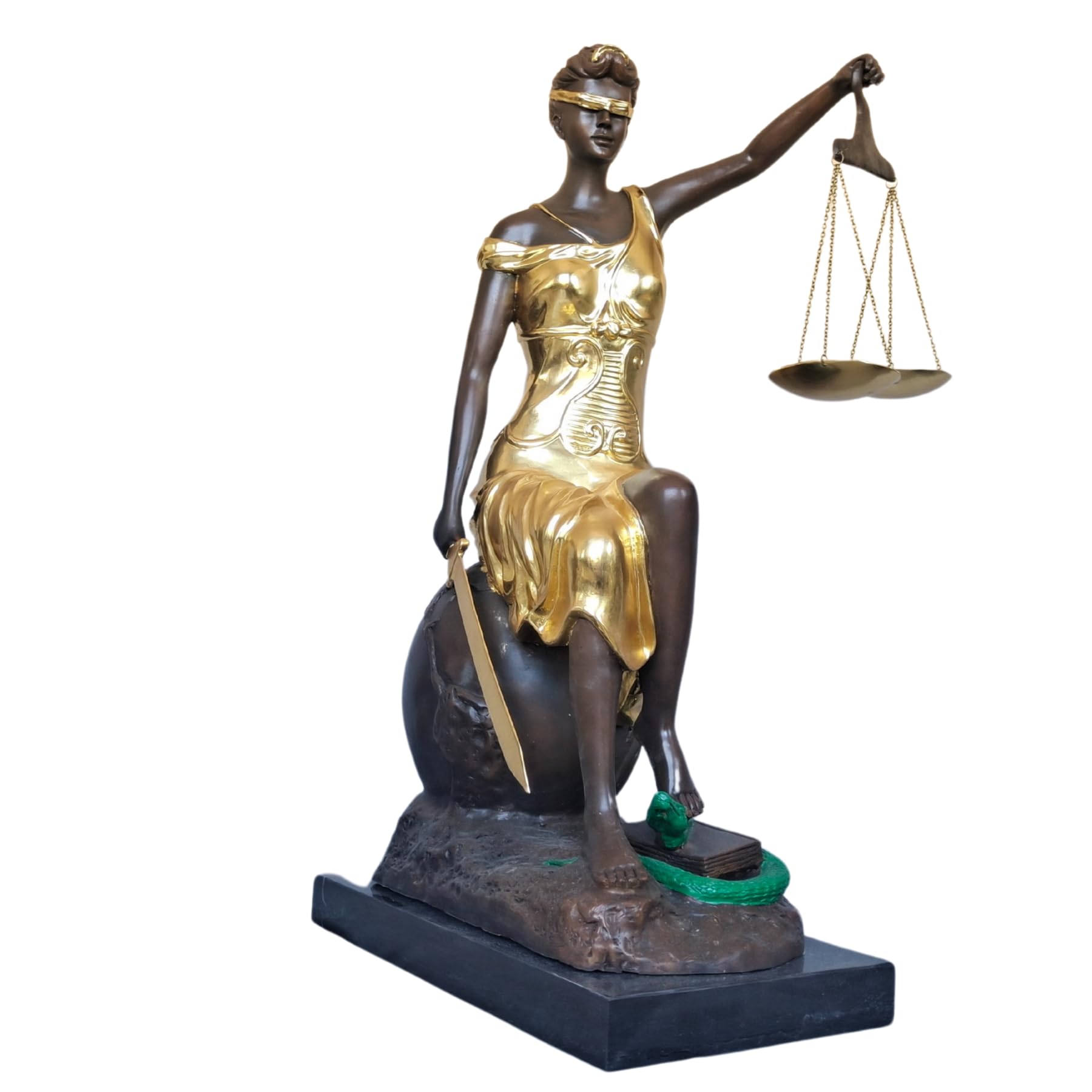 Front angle view of gilded bronze seated Lady Justice Themis statue holding scales on marble base