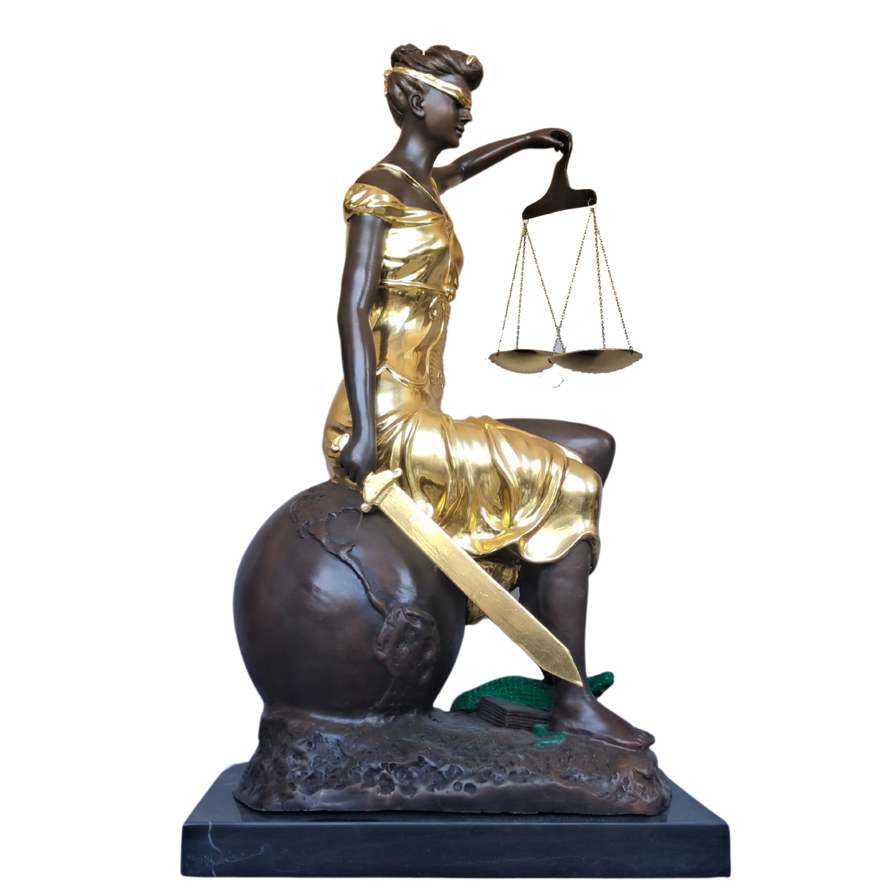 Full body front view of gilded bronze Lady Justice Themis seated pose sculpture on marble base