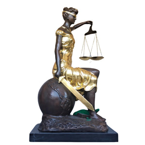 Full body front view of gilded bronze Lady Justice Themis seated pose sculpture on marble base
