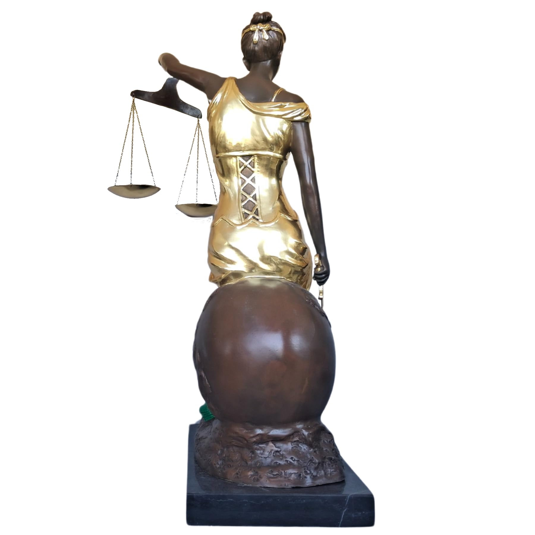 Side view of gilded bronze seated Lady Justice Themis pure bronze statue on marble base
