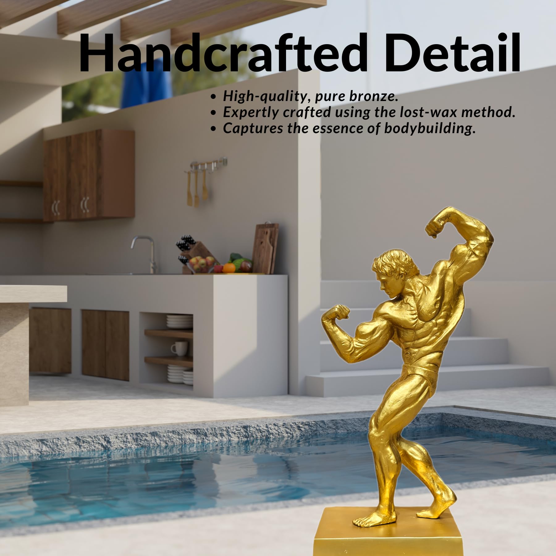 Handcrafted detail of gold finish bodybuilder bronze statue showing precise muscle definition