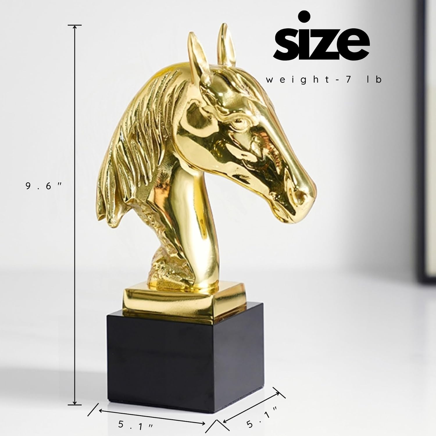 9.6-inch gold brass horse head statue hot-cast bronze bust on marble base with size dimension reference showing 7 lbs weight