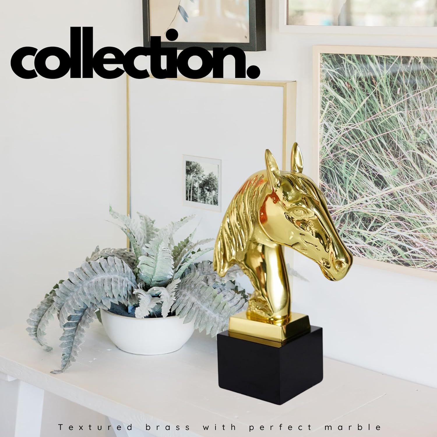 Gold brass horse head bust statue as luxury art collection piece displayed with indoor plant decor