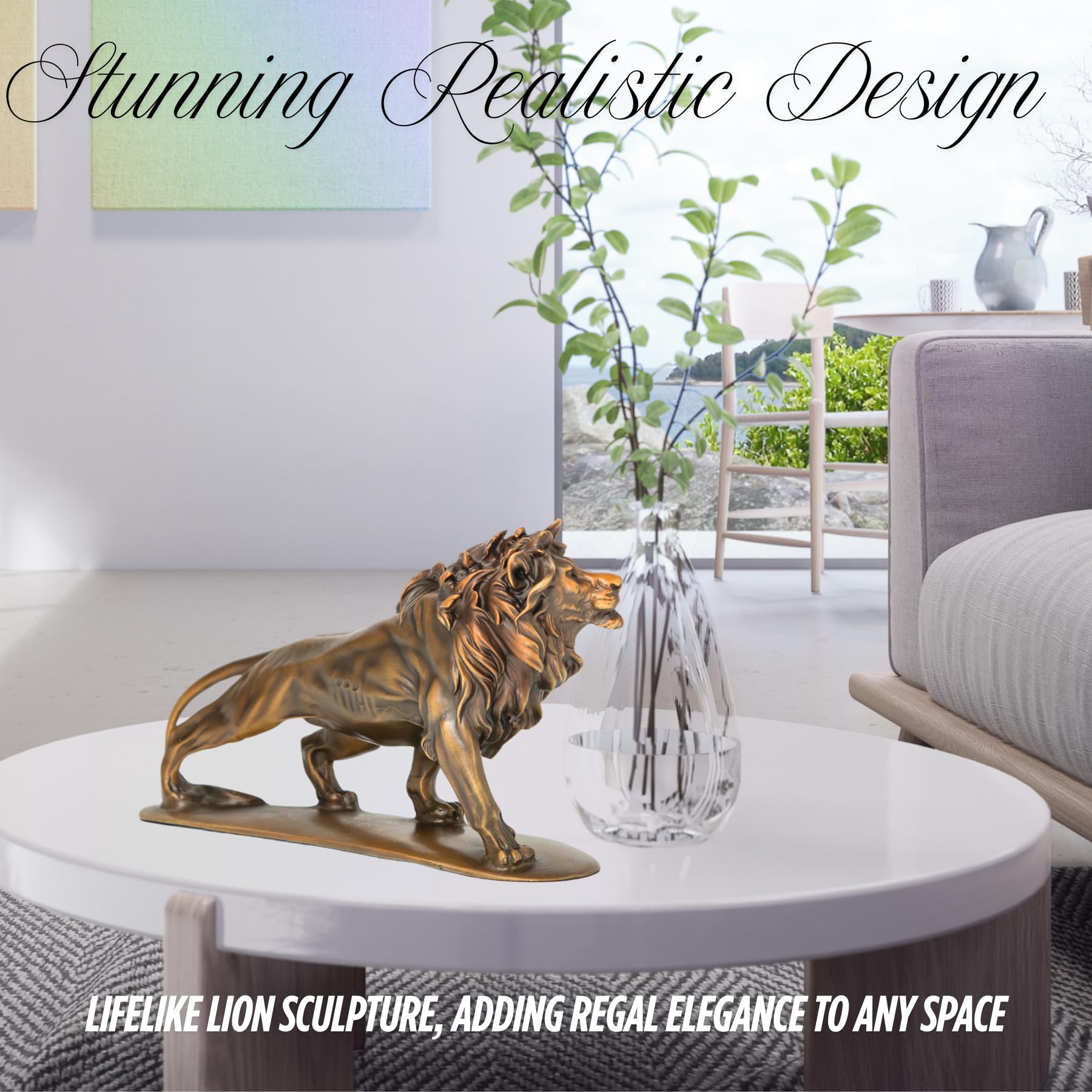Gold bronze Lion King walking sculpture displayed in modern interior home decor side view