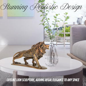 Gold bronze Lion King walking sculpture displayed in modern interior home decor side view