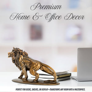 Gold bronze Lion King sculpture on office desk alongside books as premium home office decor