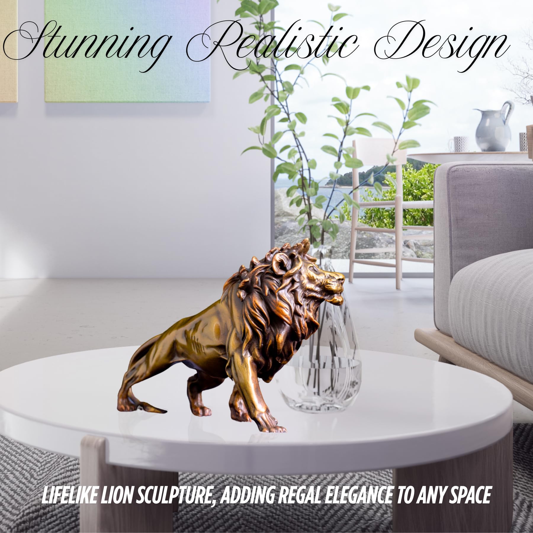Realistic gold bronze Lion King sculpture on coffee table as stunning decorative centerpiece