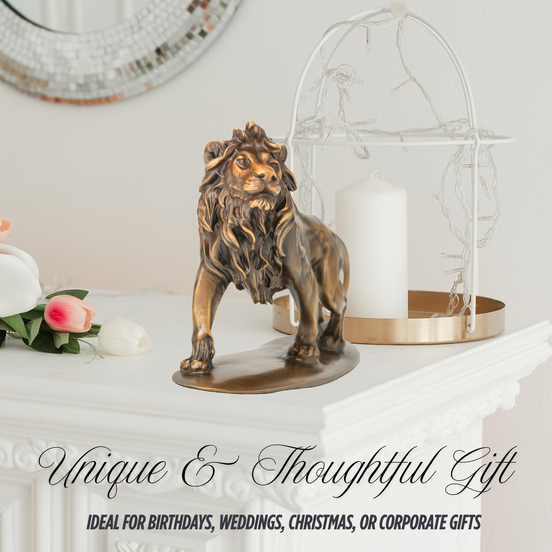 Gold bronze Lion King sculpture styled as unique thoughtful gift with candle holder in lifestyle setting