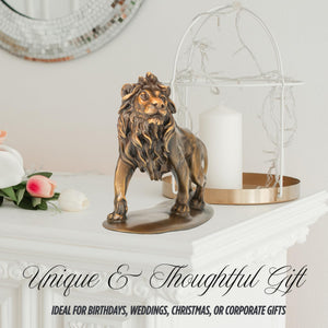 Gold bronze Lion King sculpture styled as unique thoughtful gift with candle holder in lifestyle setting