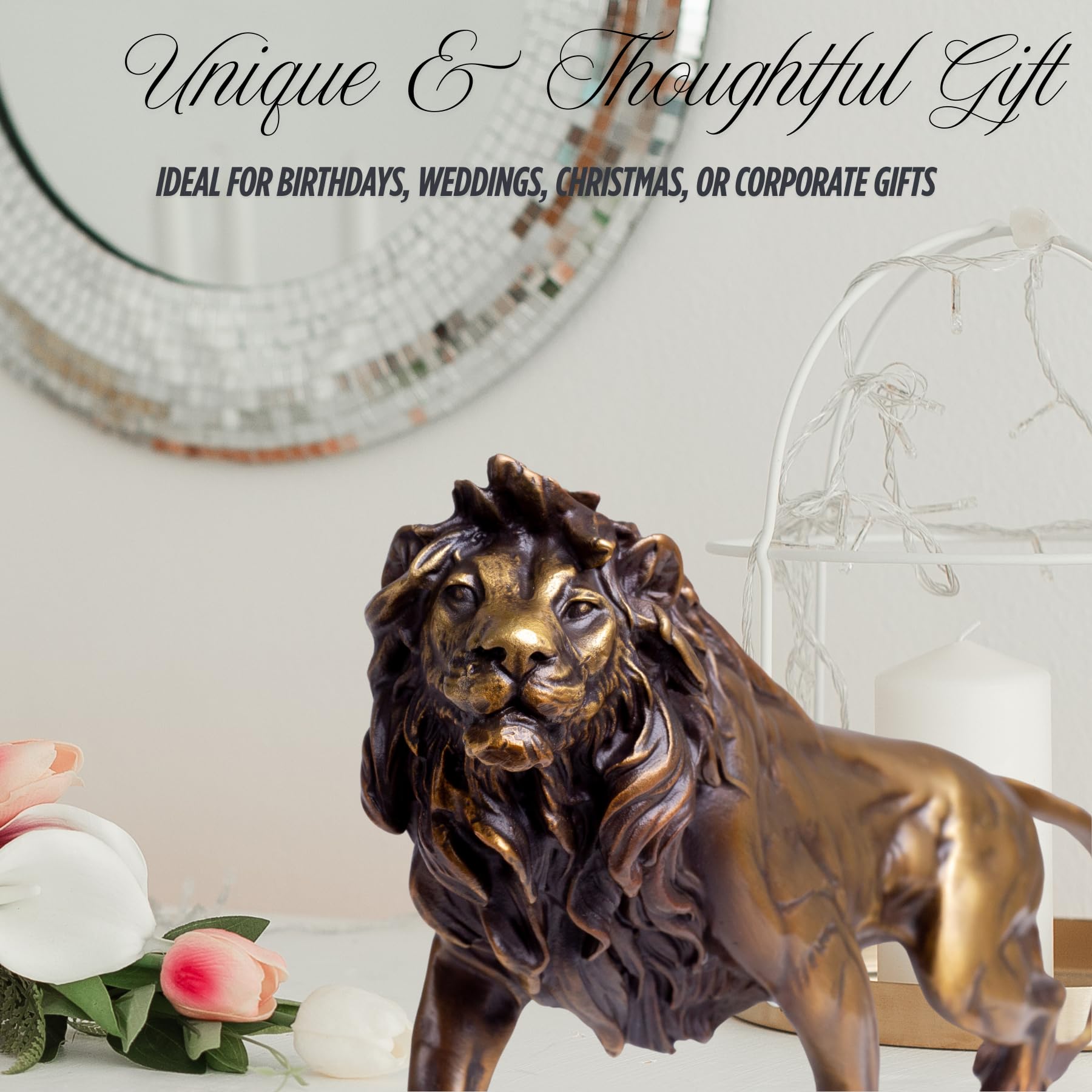 Gold bronze Lion King sculpture presented as unique and thoughtful gift in warm lifestyle setting