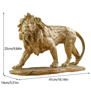 bronze Lion King hunting statue side view with size dimension labels for desktop display