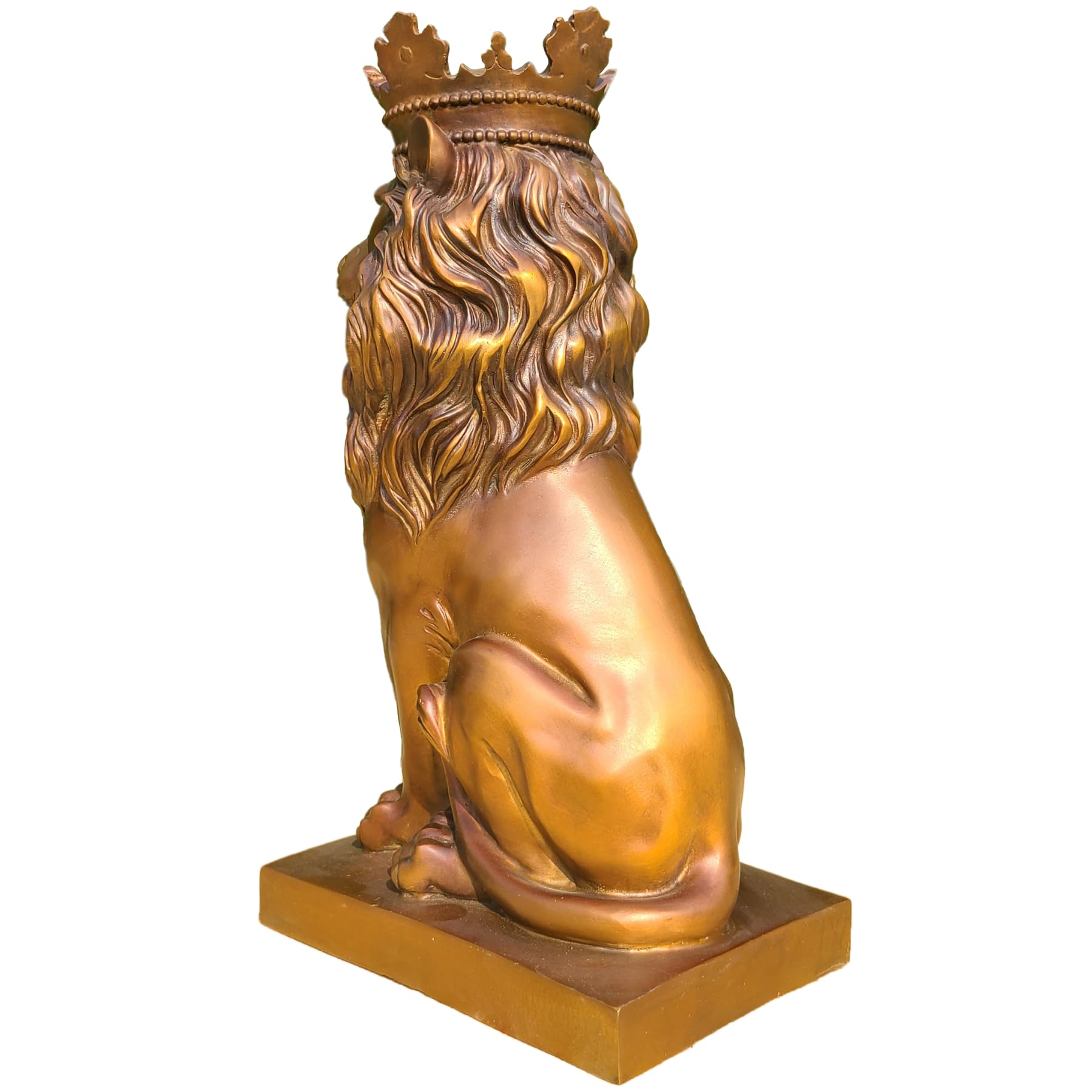 Back view of gold crowned Lion King sitting statue showing mane texture and square base