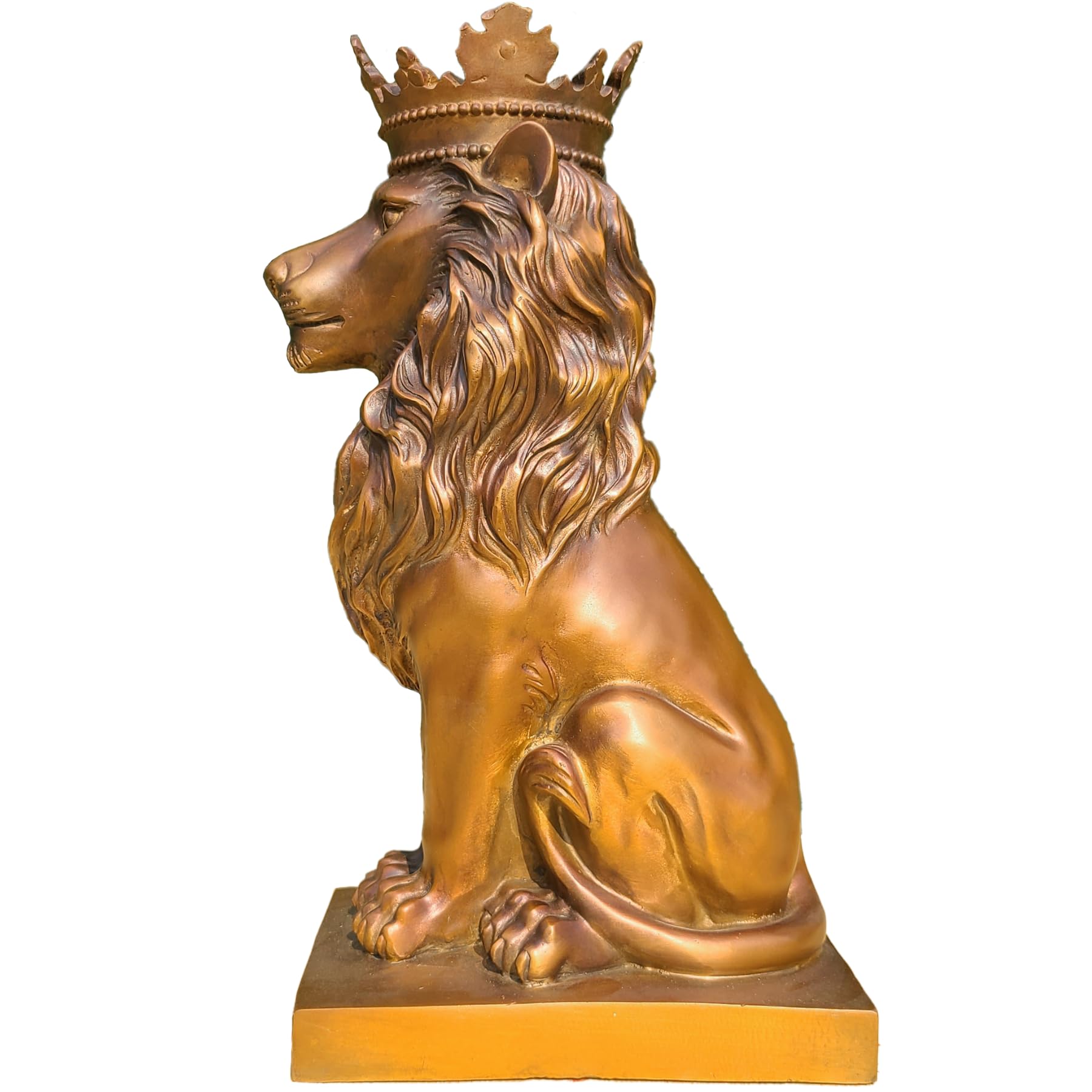 Front angle view of gold crowned Lion King sovereign sitting sculpture