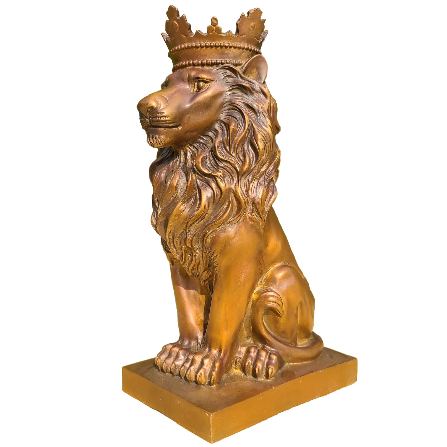 Gold crowned Lion King sitting statue front full body view showing crown and base detail