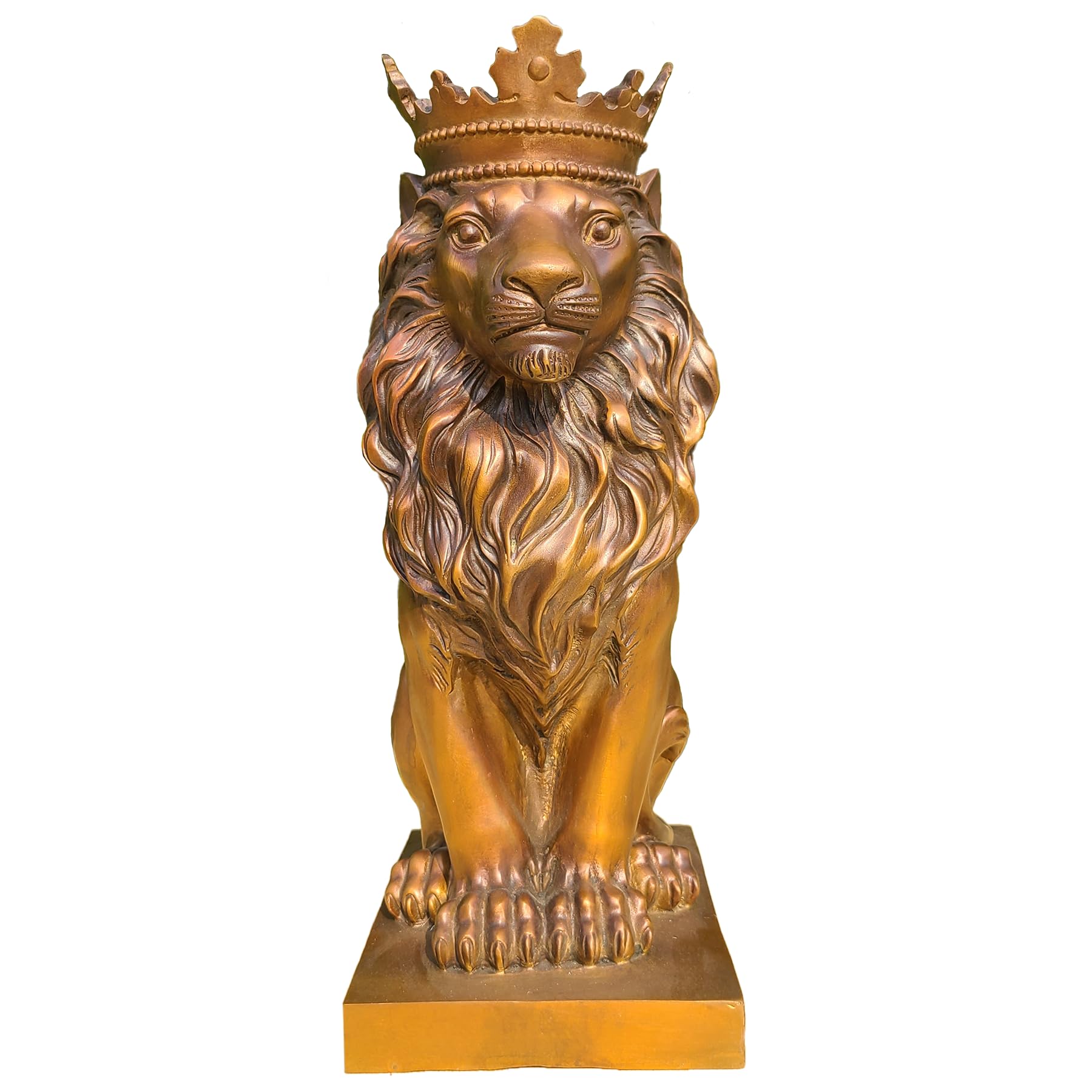 Gold crowned Lion King sitting statue front view displayed against black background