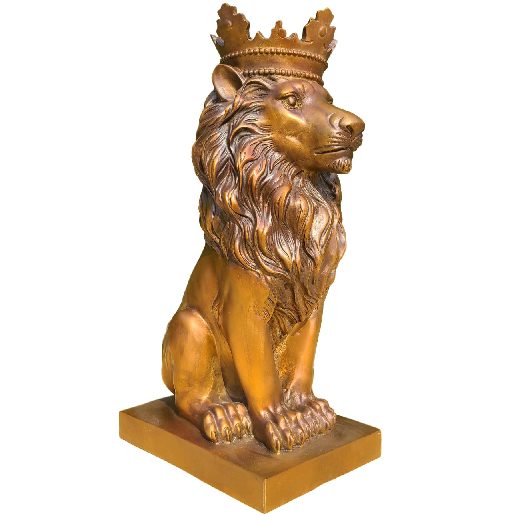 Side view of gold crowned Lion King hand-cast bronze statue showing full mane and sitting pose