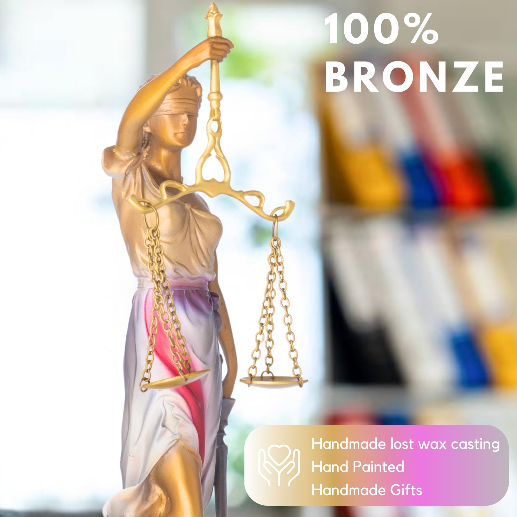 Gold Lady Justice Themis statue showcasing 100% bronze pure craftsmanship quality display