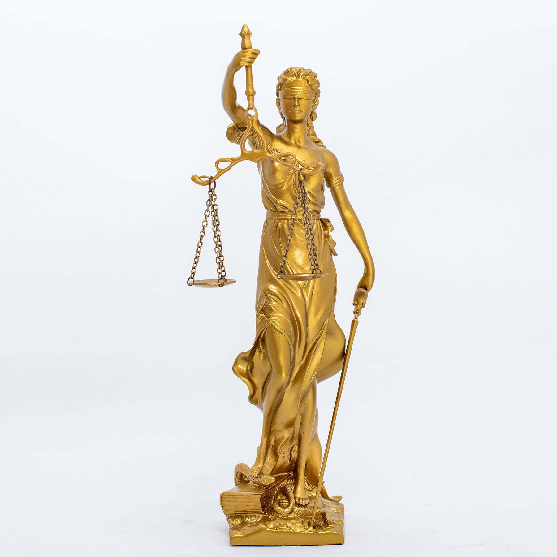 11-inch gold Lady Justice Themis statue front full body view on white background showing scales and sword
