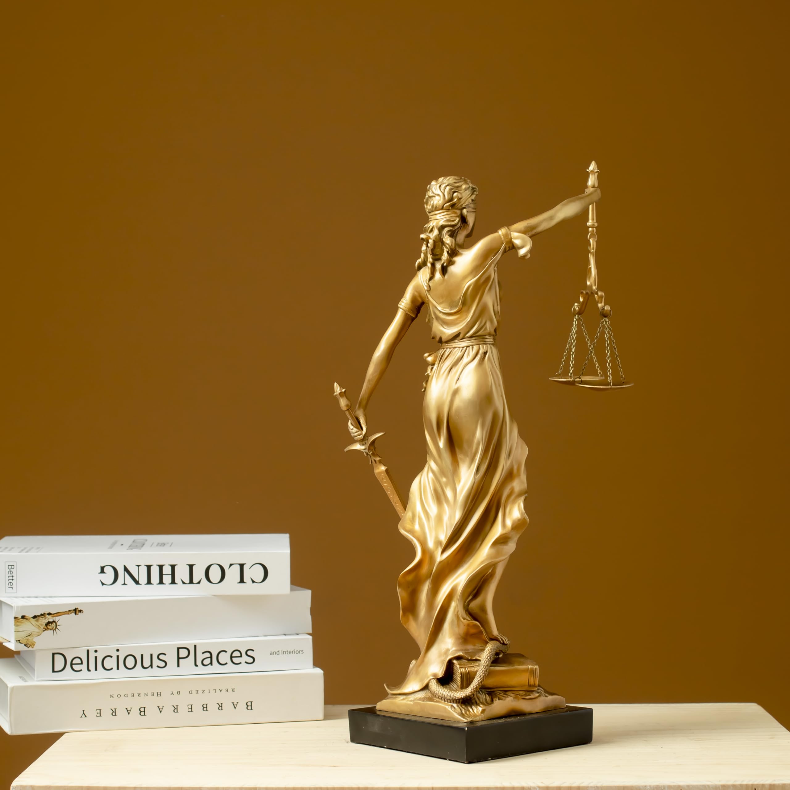 Second view of gold Lady Justice Themis statue with business card holder as executive desk decor