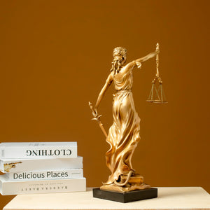 Second view of gold Lady Justice Themis statue with business card holder as executive desk decor