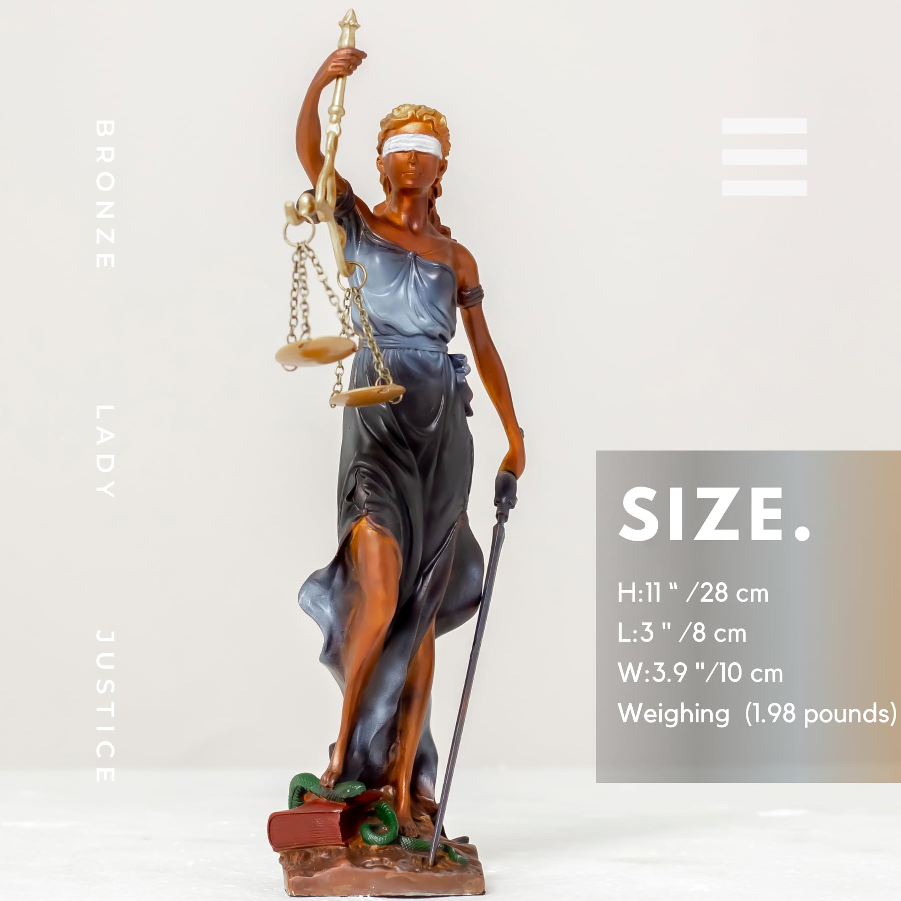 Gold Lady Justice Themis statue size reference chart showing 11 inch height measurements