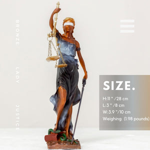 Gold Lady Justice Themis statue size reference chart showing 11 inch height measurements