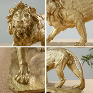 Gold bronze Lion King hunting sculpture multi-angle detail collage showing mane texture and base