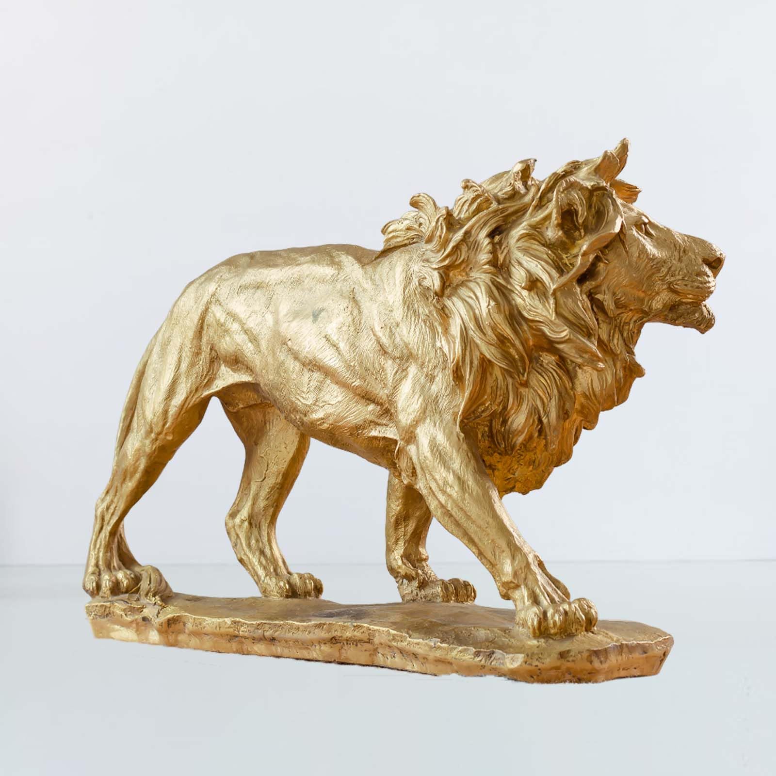 Gold bronze Lion King hunting sculpture side view showing full body walking pose and mane detail