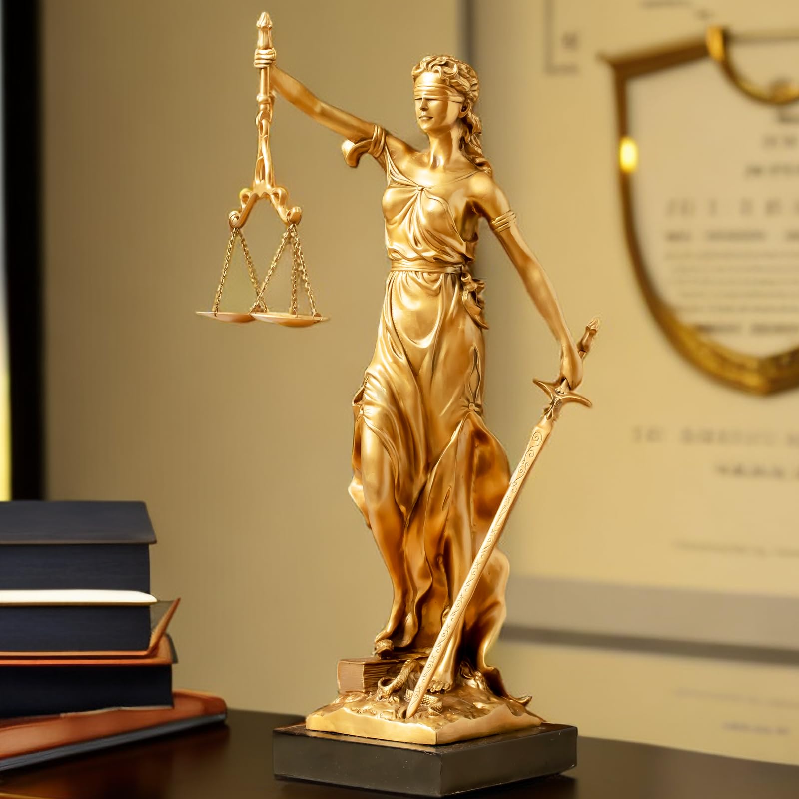 Gold and red Lady Justice Themis statue front view color variant comparison display