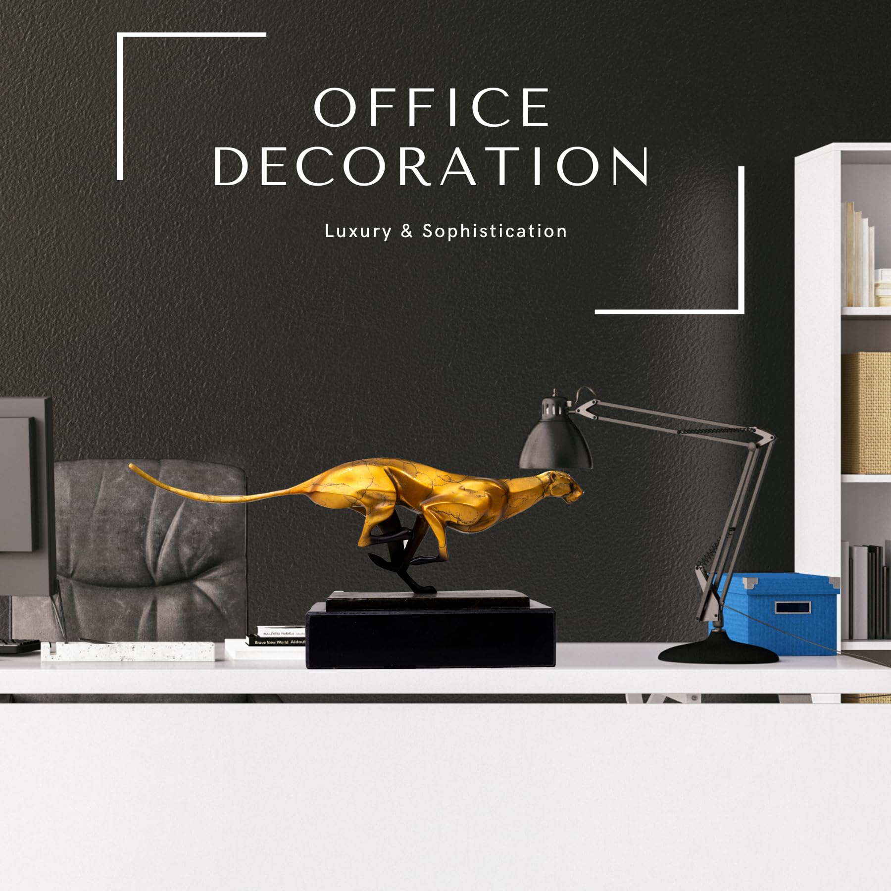Gold running cheetah sculpture displayed as office decoration on executive desk setting