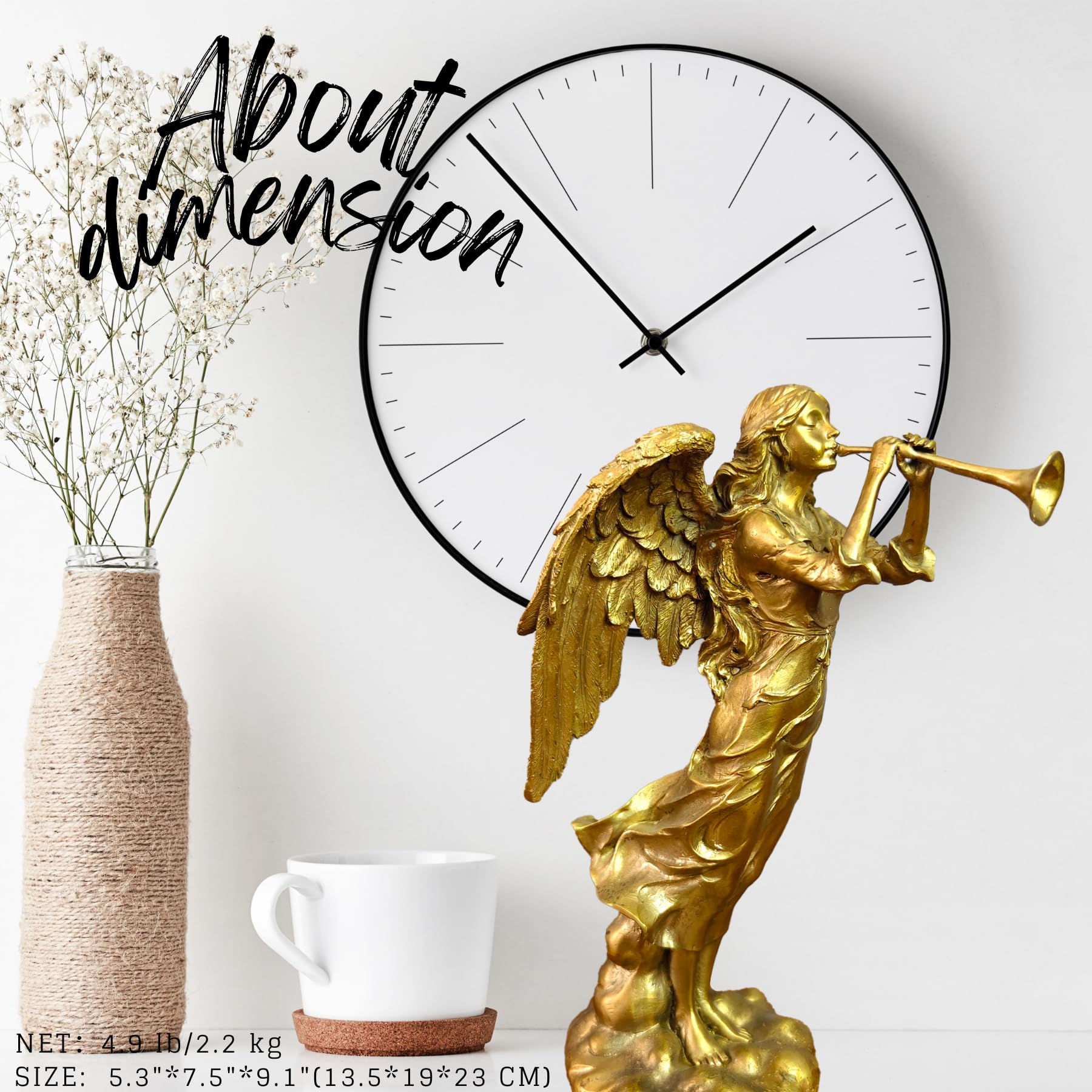 Golden brass angel trumpet statue about dimension display beside wall clock interior