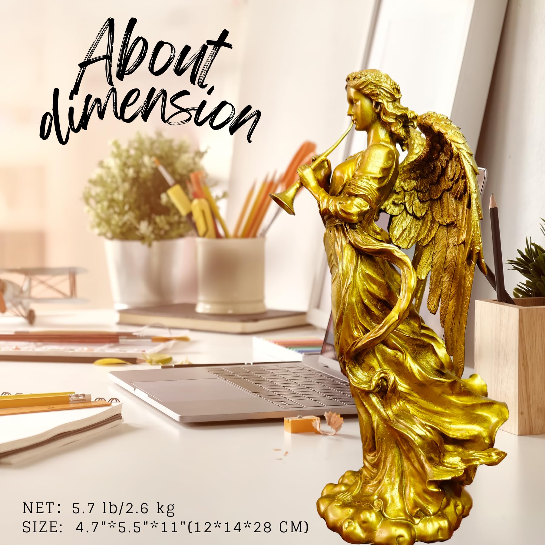Golden brass angel trumpet statue about dimension office desk display