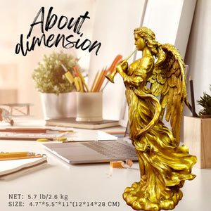 Golden brass angel trumpet statue about dimension office desk display