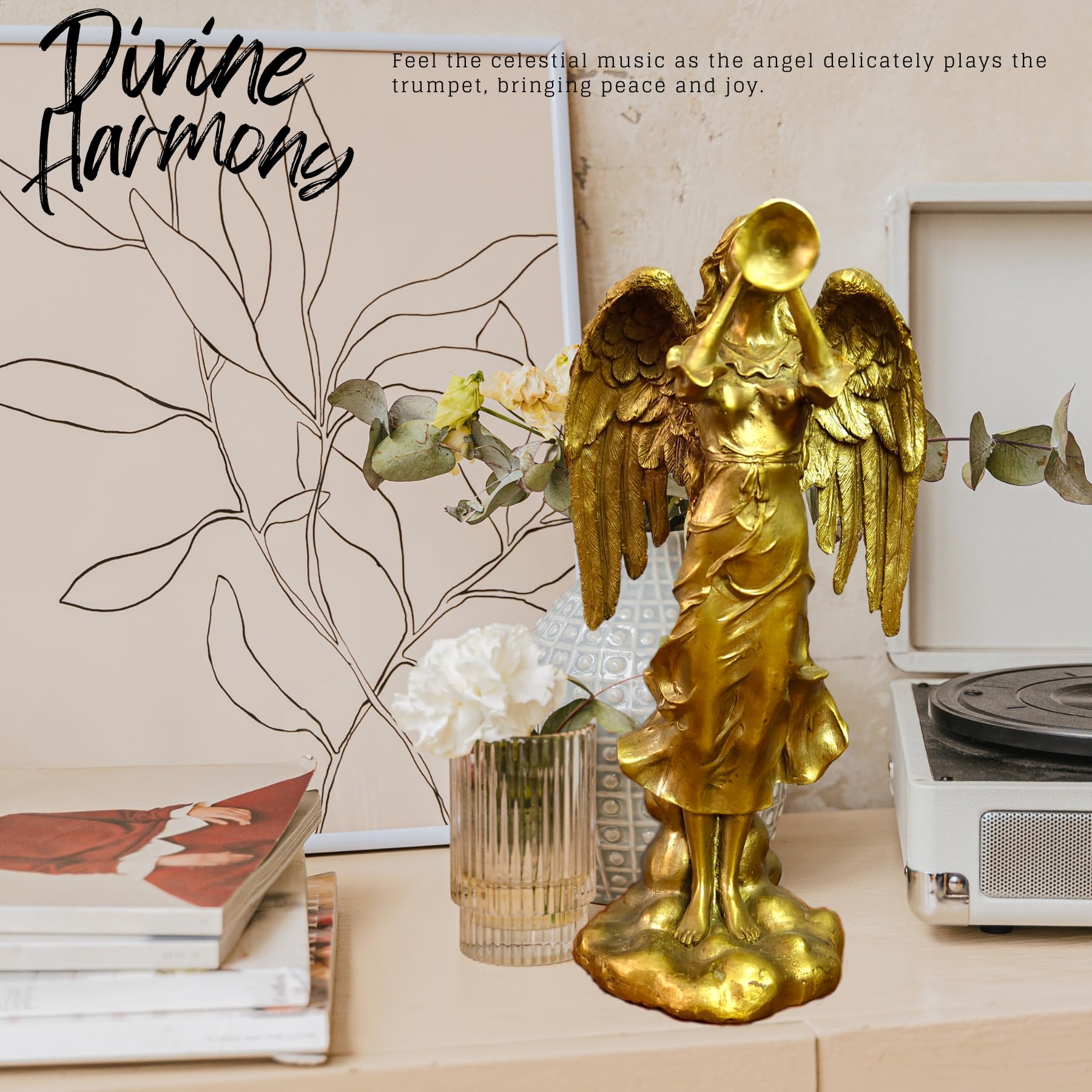 Golden brass angel trumpet statue divine harmony display beside books vase interior