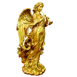 Golden brass angel trumpet statue front view celestial musician detail